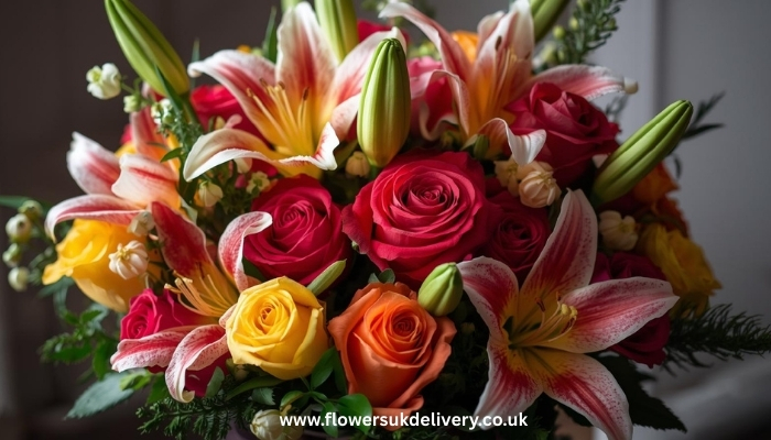 Send birthday gifts UK with fresh mixed flower bouquet featuring roses and lilies
