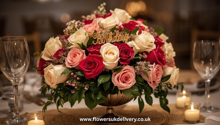 Birthday flower traditions UK featuring classic rose centerpiece arrangement