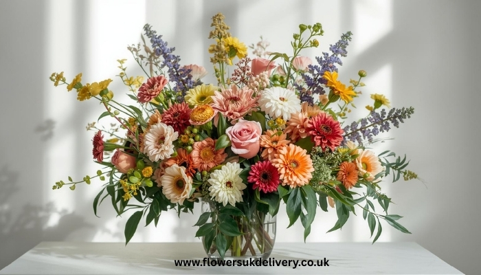 Fresh flowers UK modern birthday arrangement with seasonal blooms