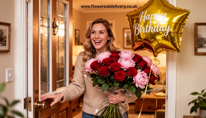 : A smiling woman in her 30s opening her front door to receive a large bouquet of red roses and pink peonies. A bright gold foil 