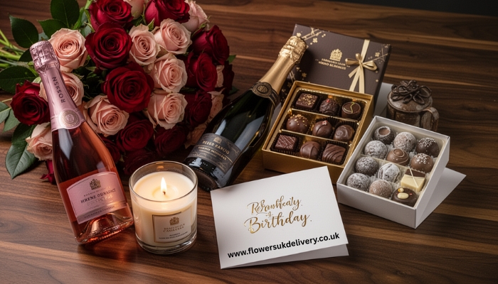 A delivery person in a branded uniform holding a neatly packaged flower box at a doorstep. The box is open slightly to reveal tightly budded pink and cream roses wrapped in tissue paper. A small gift card is tucked into the arrangement. The front door of a typical UK terraced house is visible in the background. Bright natural daylight, friendly and trustworthy feel