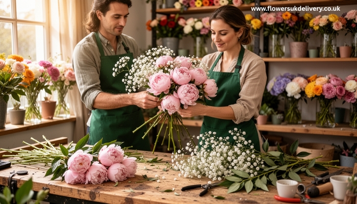 An elegant flat-lay on a dark walnut wooden surface showing a curated luxury birthday gift set. Included in the shot: a lush bouquet of deep red and blush pink roses, a bottle of rosé champagne, a box of handmade artisan chocolates, a lit vanilla-scented candle in a glass jar, and a personalised birthday card with gold foil lettering. Moody, warm lighting that gives a premium, indulgent feel.