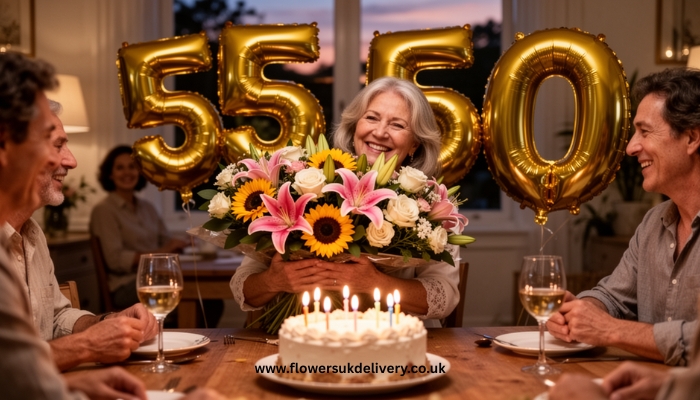 A warm, professional lifestyle photo showing a florist carefully arranging a birthday bouquet on a wooden workbench. The florist is wearing a green apron and handling fresh pink peonies and white gypsophila with care. Shelves of colourful blooms are visible in the background. Natural light streams through a window, giving the image a genuine, artisan craft feel. The atmosphere conveys quality, care, and expertise.