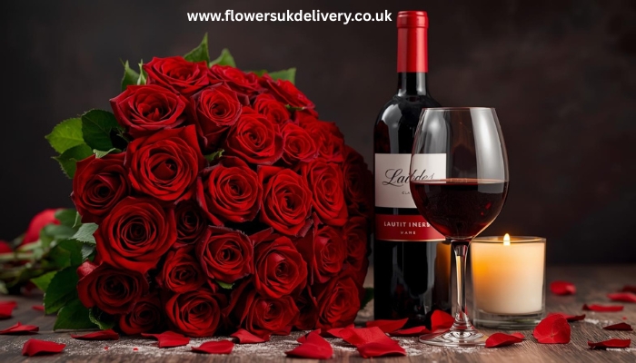 Order online flowers send wine delivery to UK romantic Valentine's Day setup