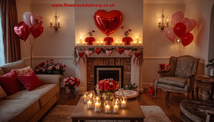 Valentine's Day home celebration with balloon delivery UK and fresh flowers