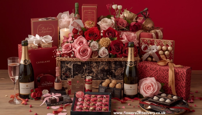 Valentine's hampers UK luxury gift basket with flowers and champagne