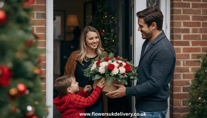 send Christmas gifts delivery to UK happy customers receiving flowers