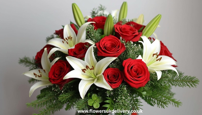 Christmas flowers delivery UK festive bouquet red roses white lilies